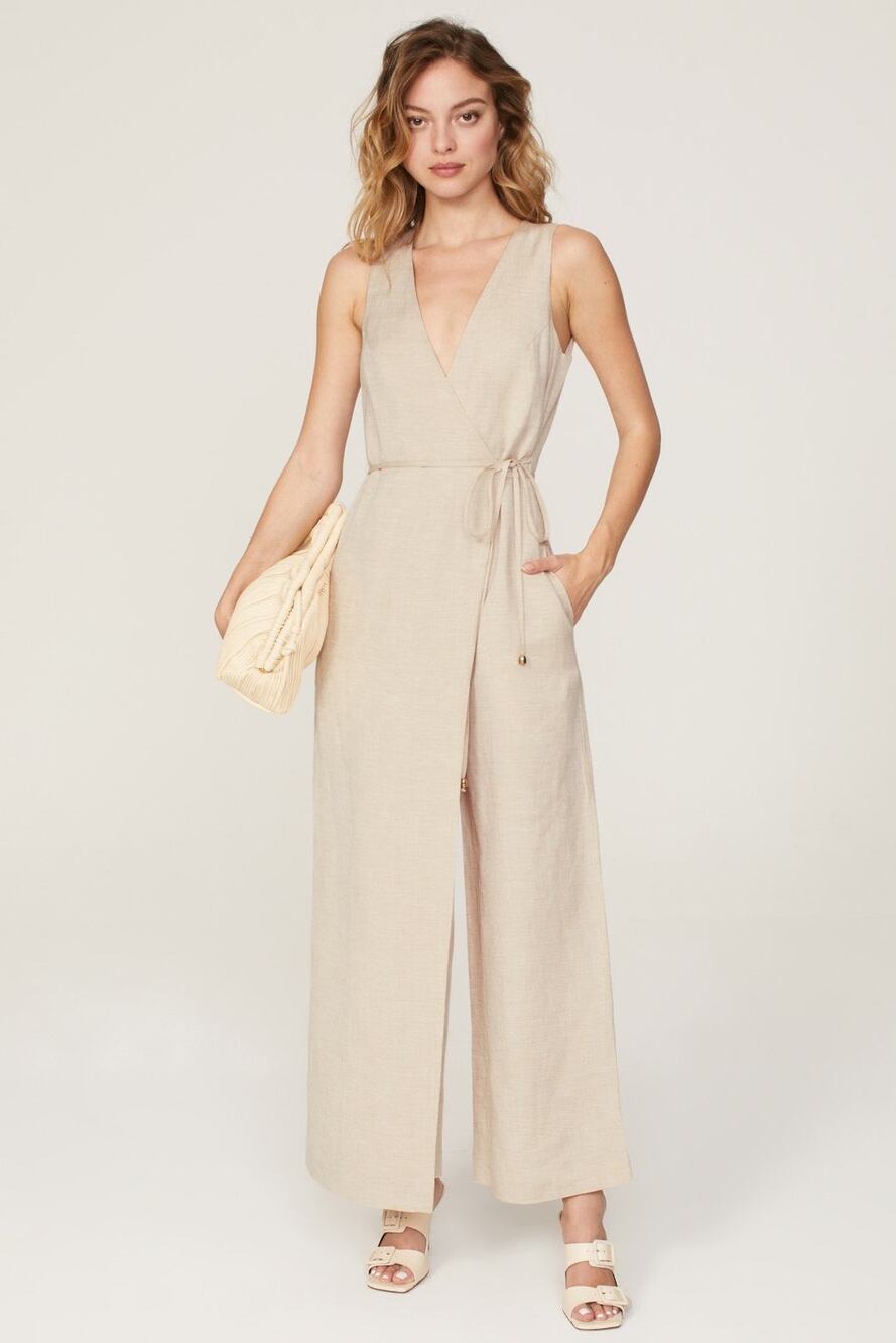 ROSETTA GETTY Beige Oatmeal Linen Blend Sleeveless V-Neck Apron Jumpsuit Size 2